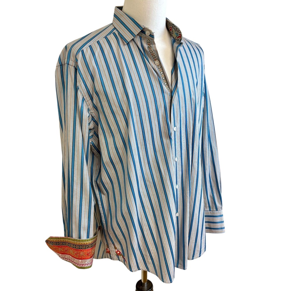 ROBERT GRAHAM Long Sleeve Button Down Striped Mens Shirt XL Silk Fold Back Cuffs - Picture 5 of 14